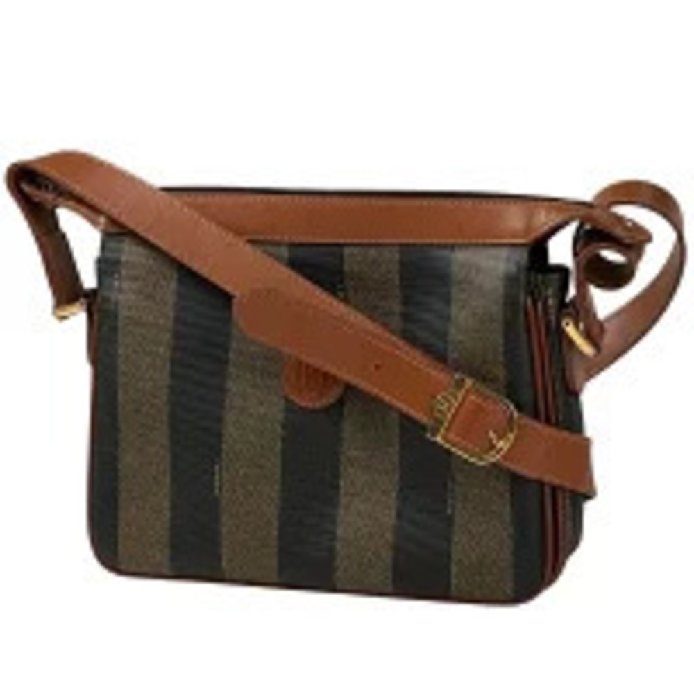 Fendi Pequin Shoulder Bag Crossbody Leather Brown Black